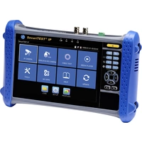 Handheld-Gerät mit Bildschirm, auf dem verschiedene Funktionen angezeigt werden: 'IP Kamera', 'Analog HD Kamera', 'Kabeltest', 'Medienplayer'.